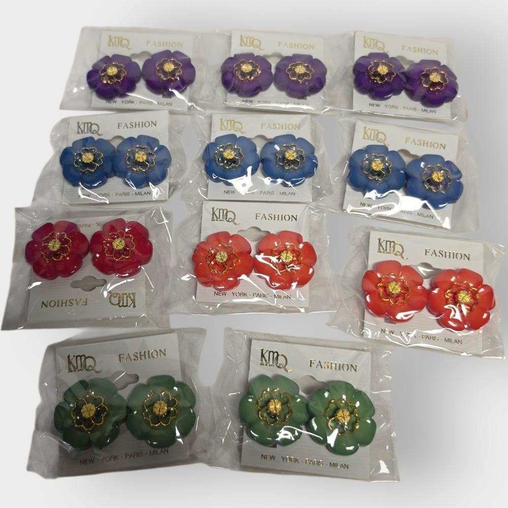 LOT OF 11 VINTAGE KMQ FLOWER EARRINGS Multi Colors Mixed Gold Middle‎ CLIP ON